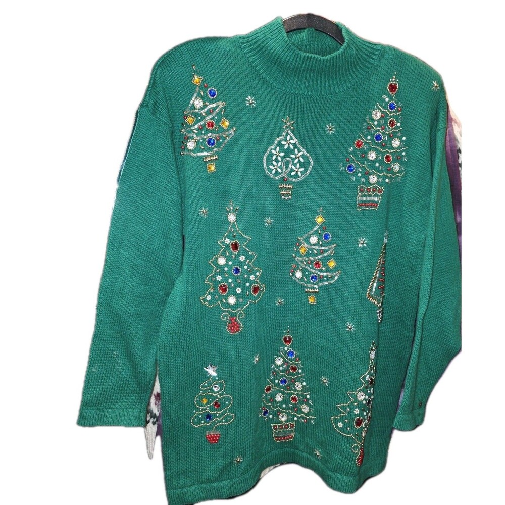 VICTORIA JONES Sz M 1980s Fun Sequin Christmas Tree Santa Reindeer Party Sweater